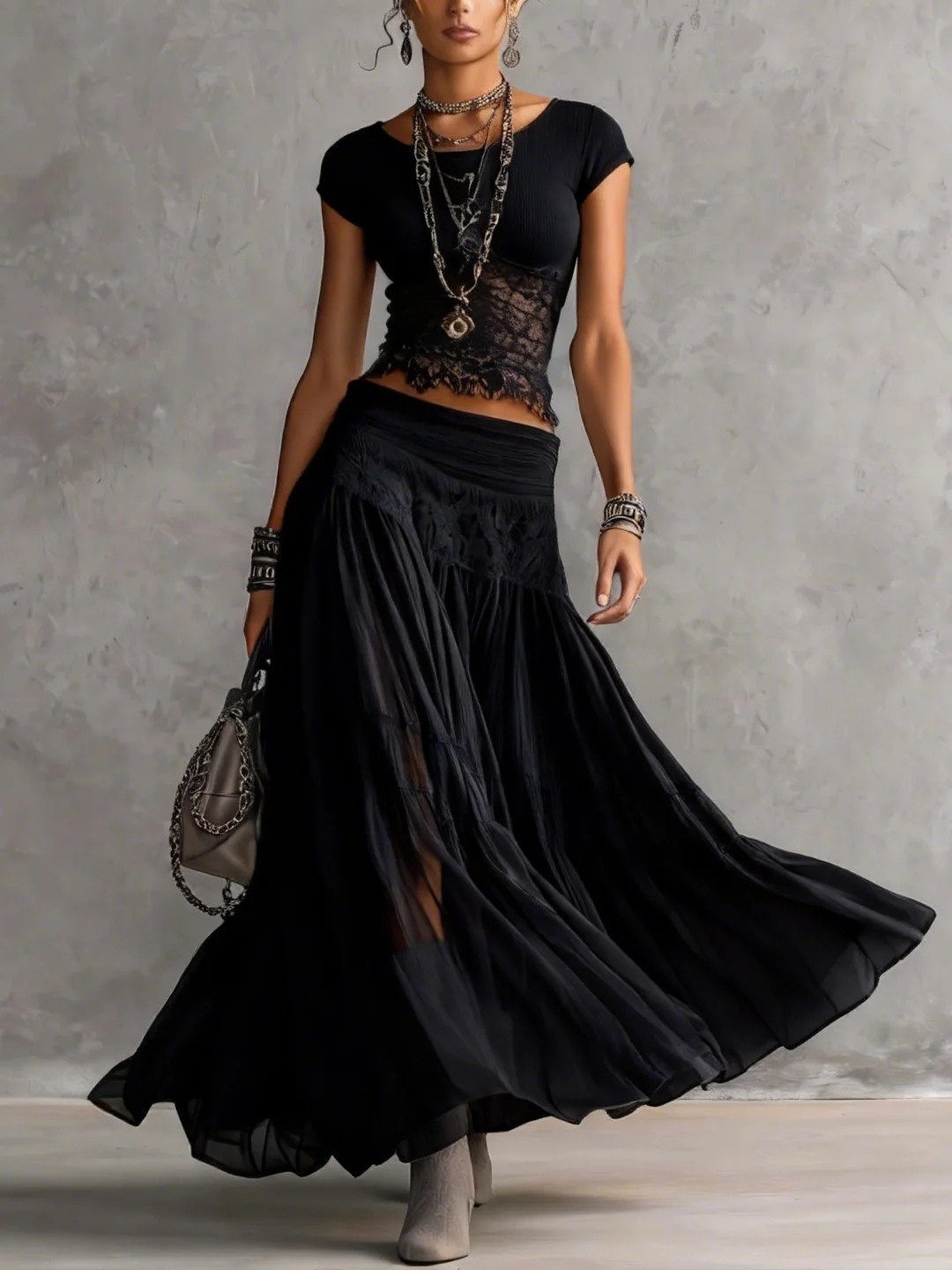 Summer Clothing Y2K - Zestaw: Szary dzianinowy top + szyfonowa