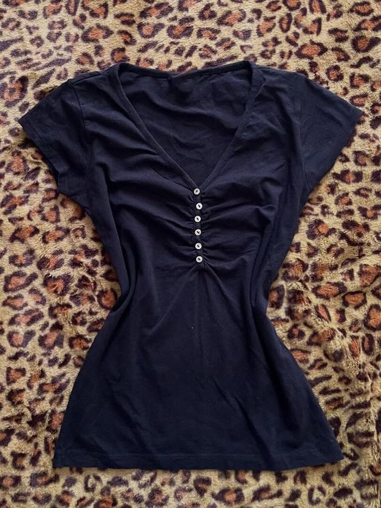 Summer Goth Clothing - Koreańskie vintage ciemnoniebieskie koszulki damskie letnie